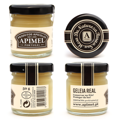 Frasco de geleia real Apimel com rótulo branco e tampa preta
