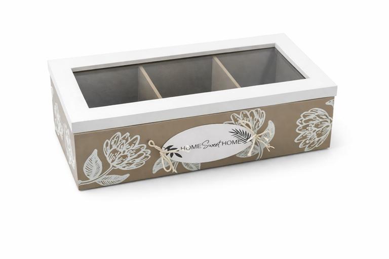 Caixa organizadora de madeira com vidro e decoração floral