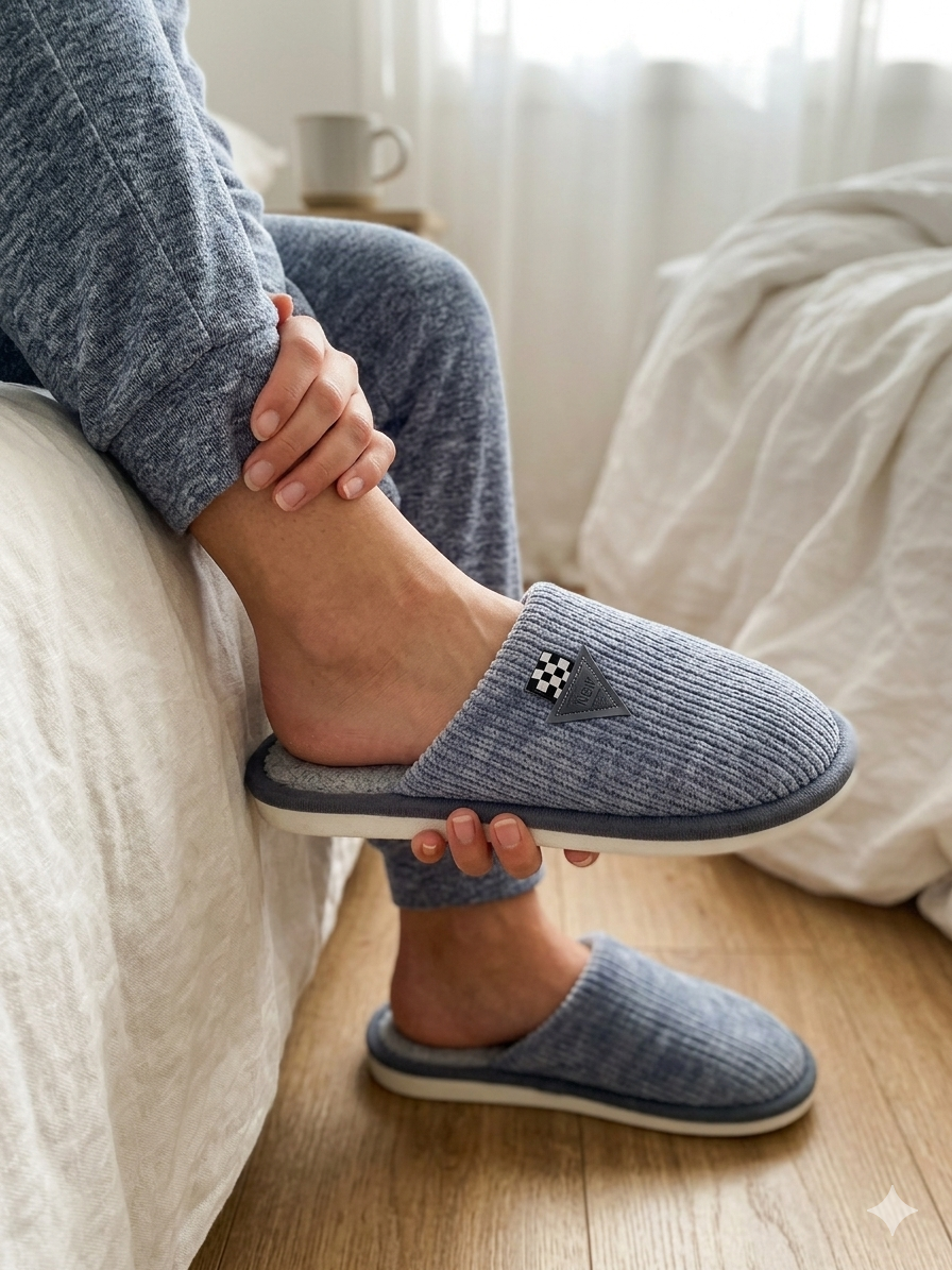 Chinelos cinzentos canelados com detalhes em tecido e piso branco escuro em ambiente doméstico