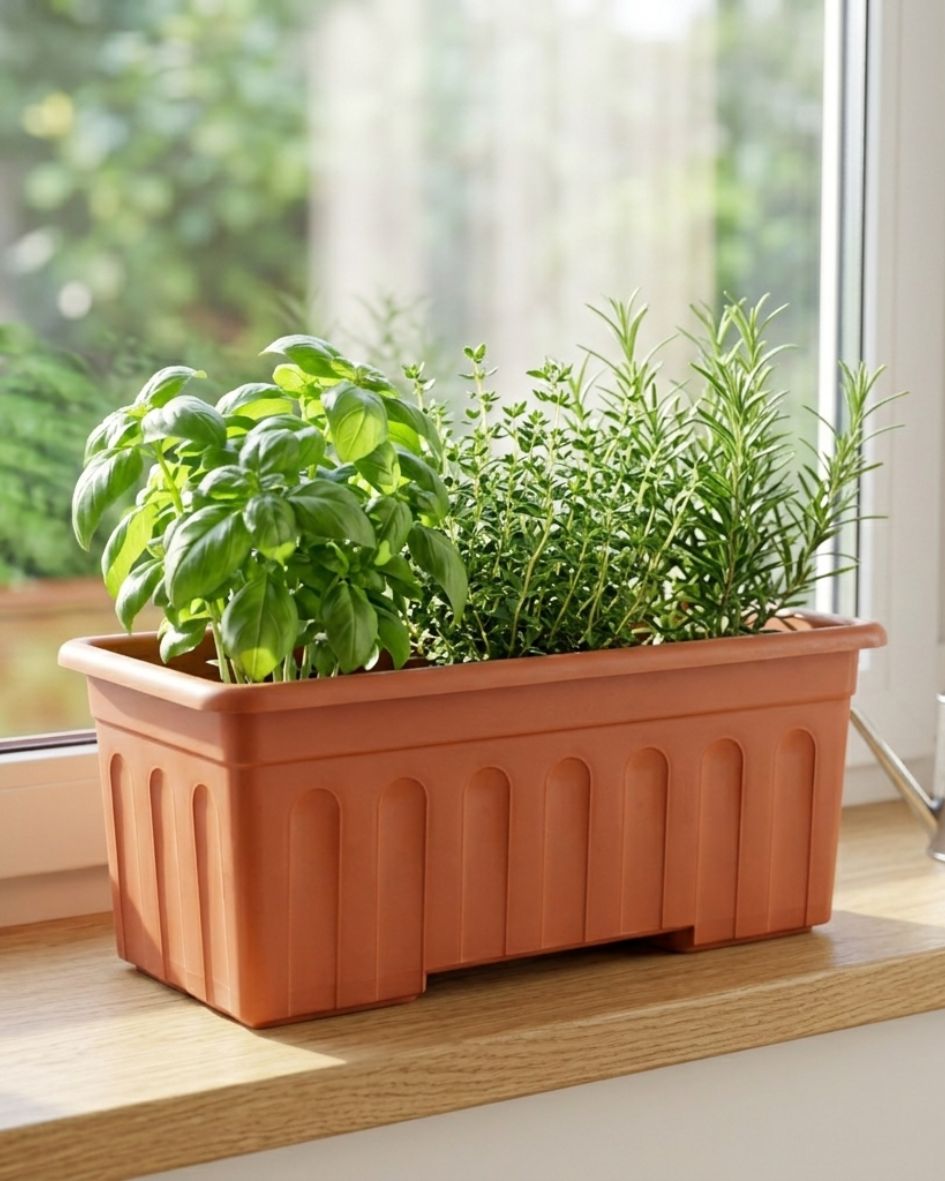 Jardineira de plástico castanho com ervas frescas verdes em cima de madeira junto a janela