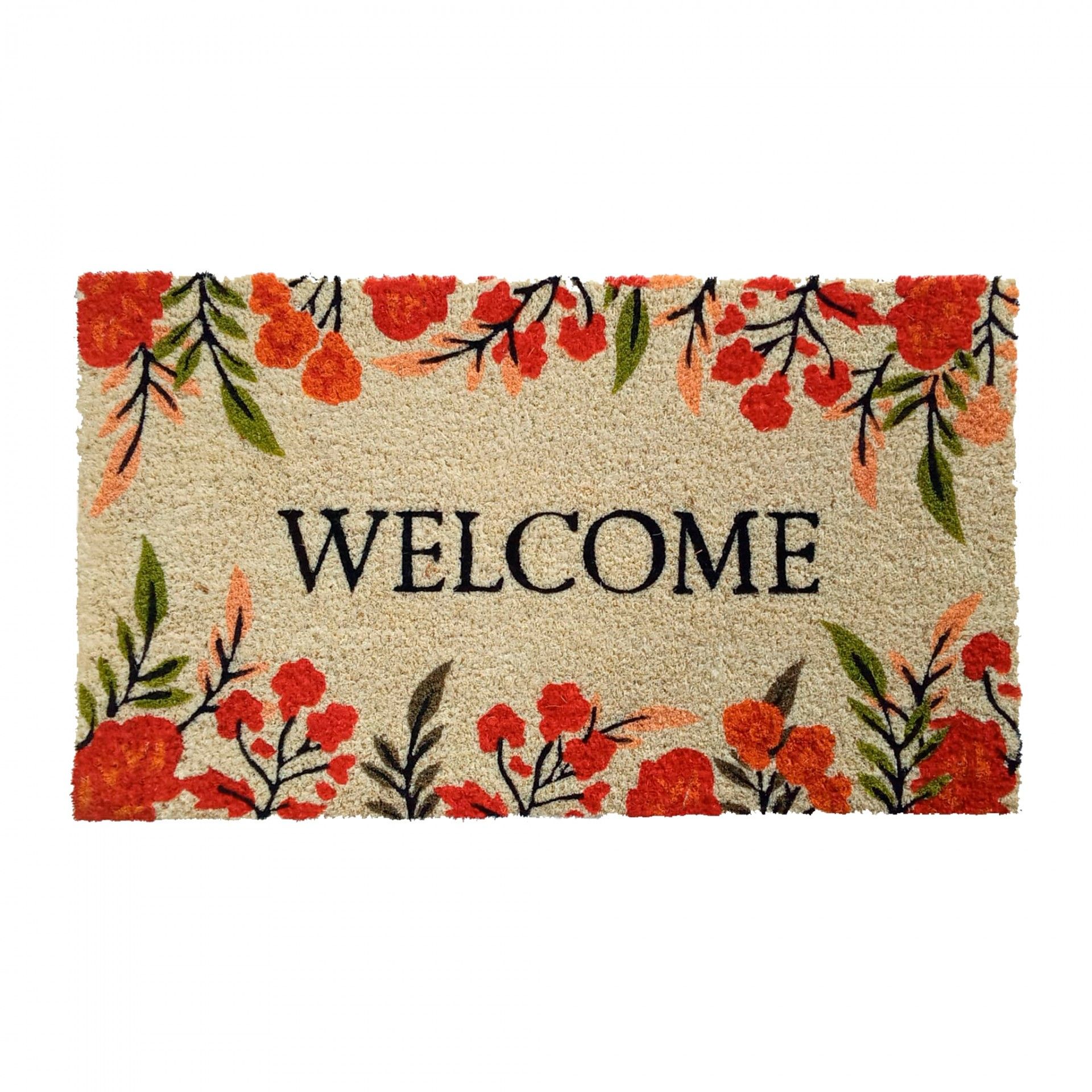 Tapete de boas-vindas bege com flores vermelhas e texto WELCOME