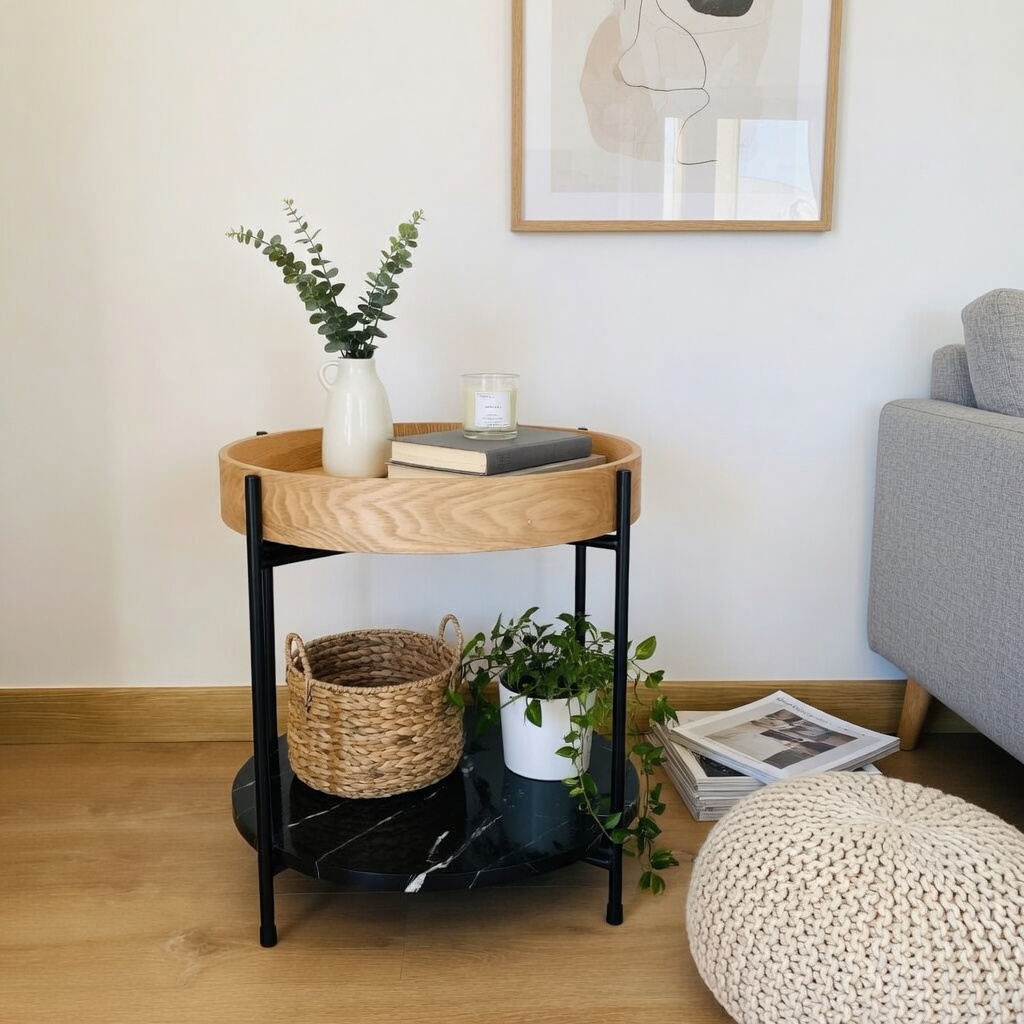 Mesa de apoio redonda com decoração verde, livros e vela ao lado de sofá cinzento e pufe tricotado