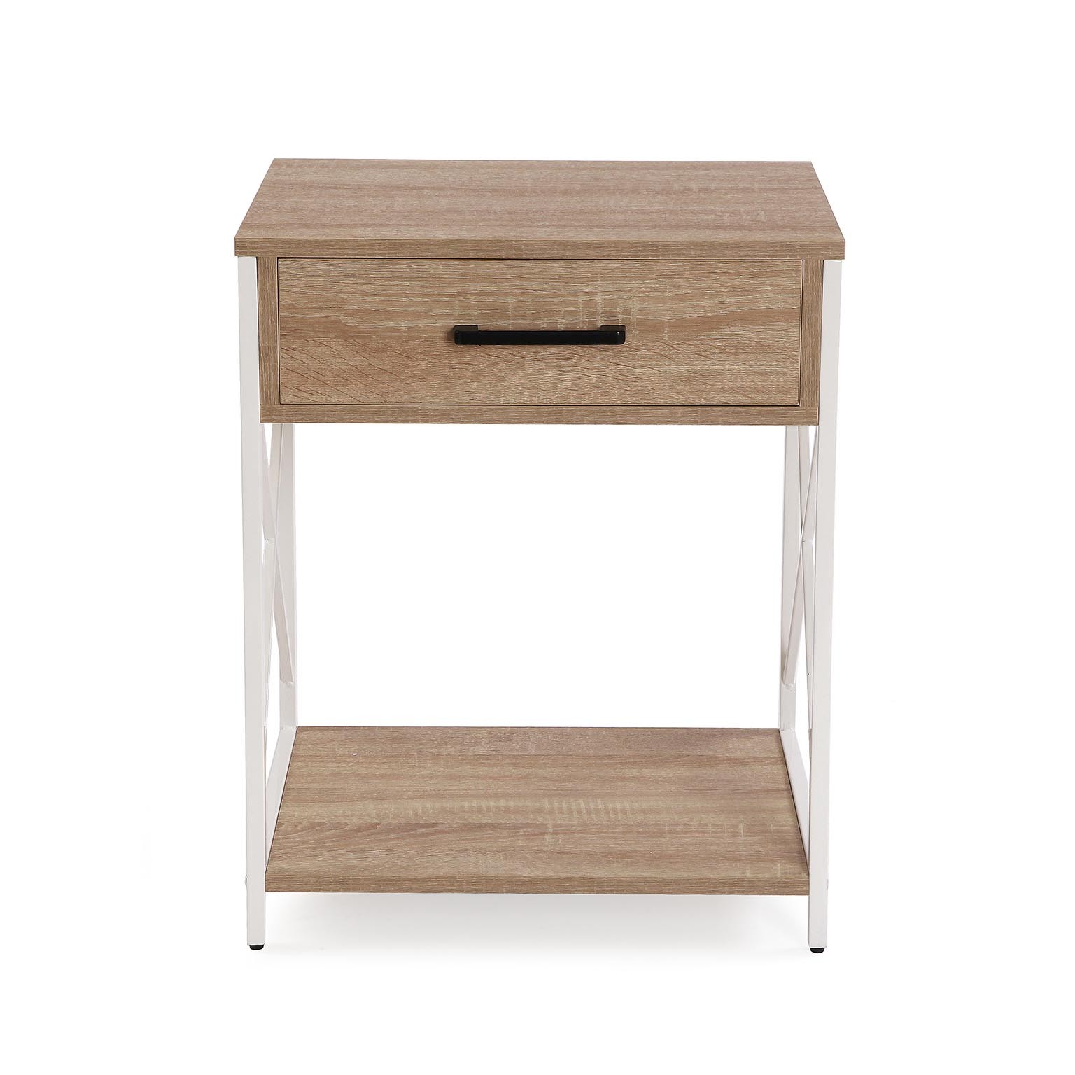 Mesa de cabeceira em madeira carvalho com estrutura metálica branca e gaveta com puxador preto