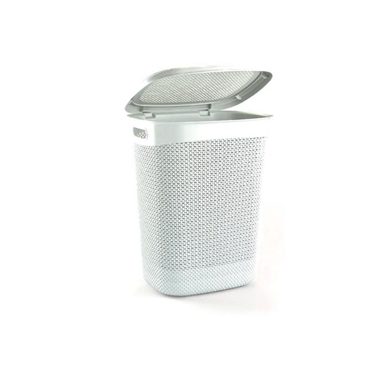 Cesto de roupa branco com tampa oval e textura perfurada