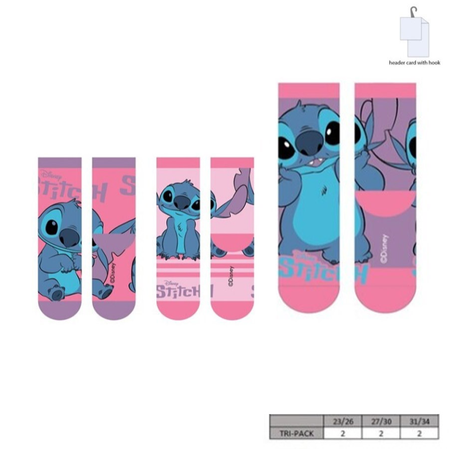 Três pares de meias estampadas com Stitch em rosa e lilás
