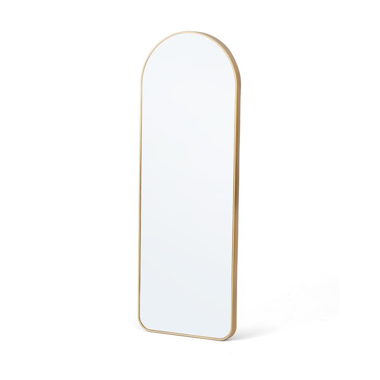 Espelho vertical de pé com estrutura dourada e topo arredondado