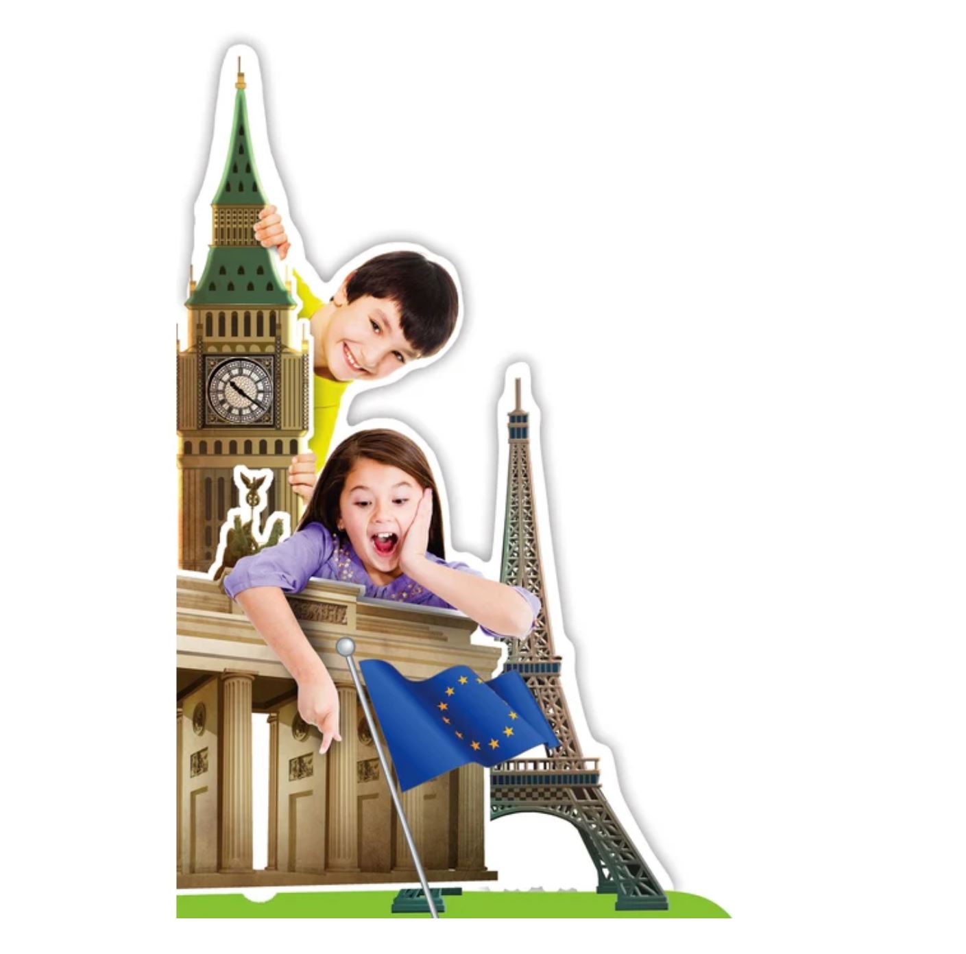 Crianças com miniaturas de Big Ben, Torre Eiffel, edifício clássico e bandeira da União Europeia