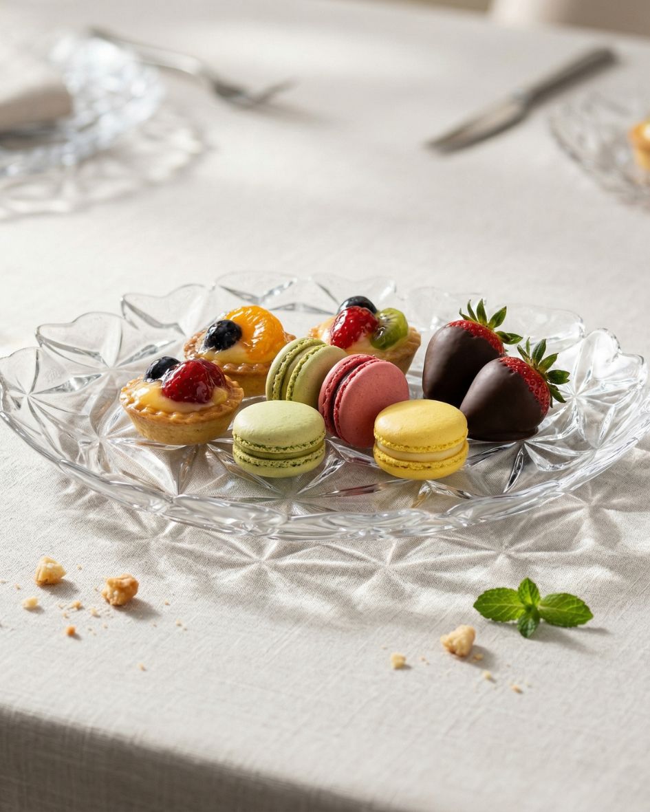 Prato de vidro com tarteletes, macarons e morangos cobertos de chocolate.