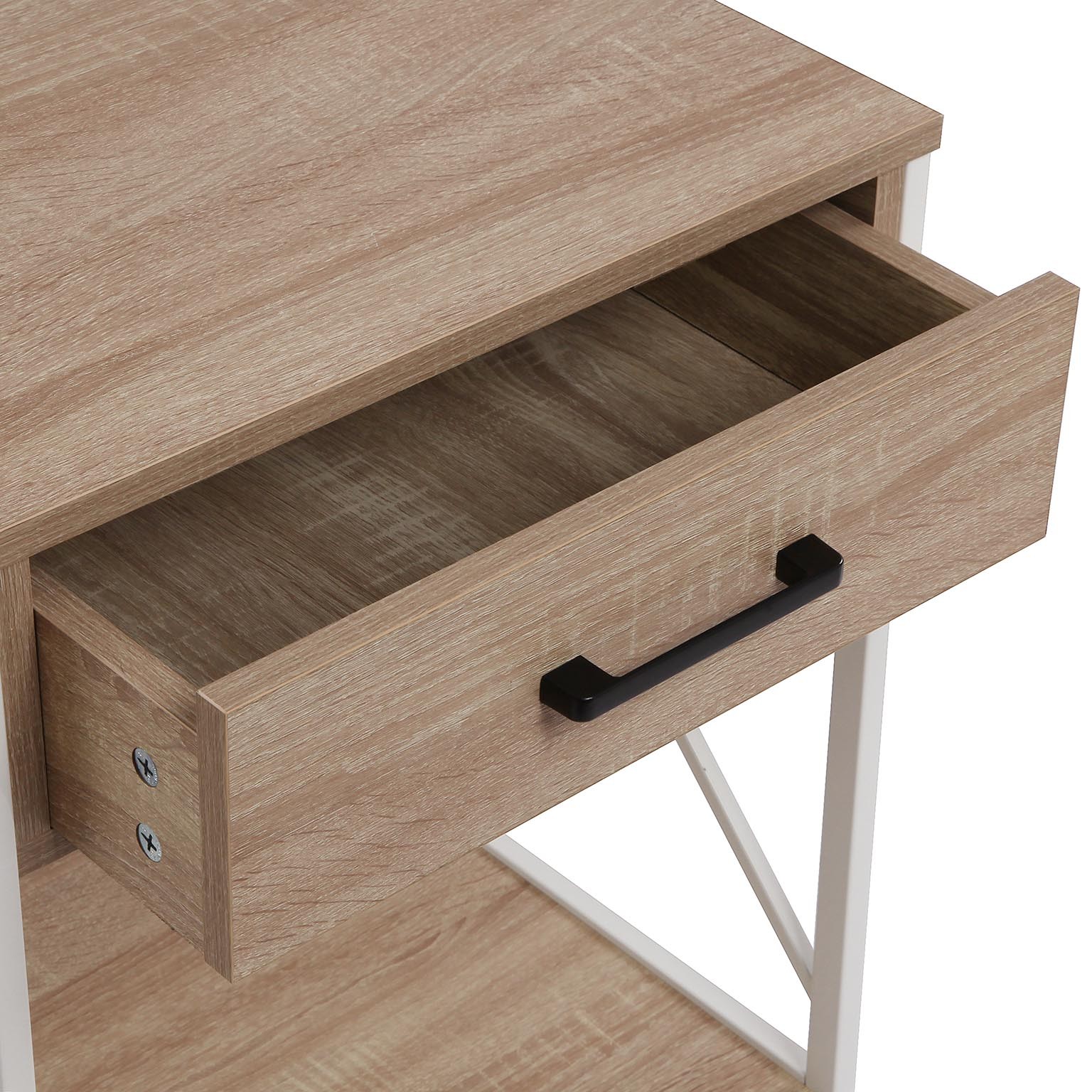 Móvel de apoio de madeira clara com gaveta e puxador preto
