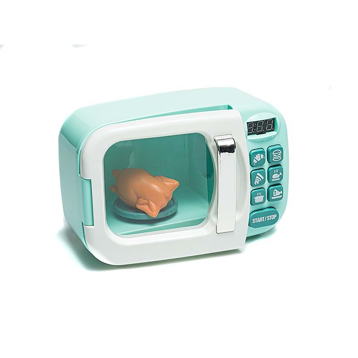 Micro-ondas azul claro e branco com frango em plástico no interior