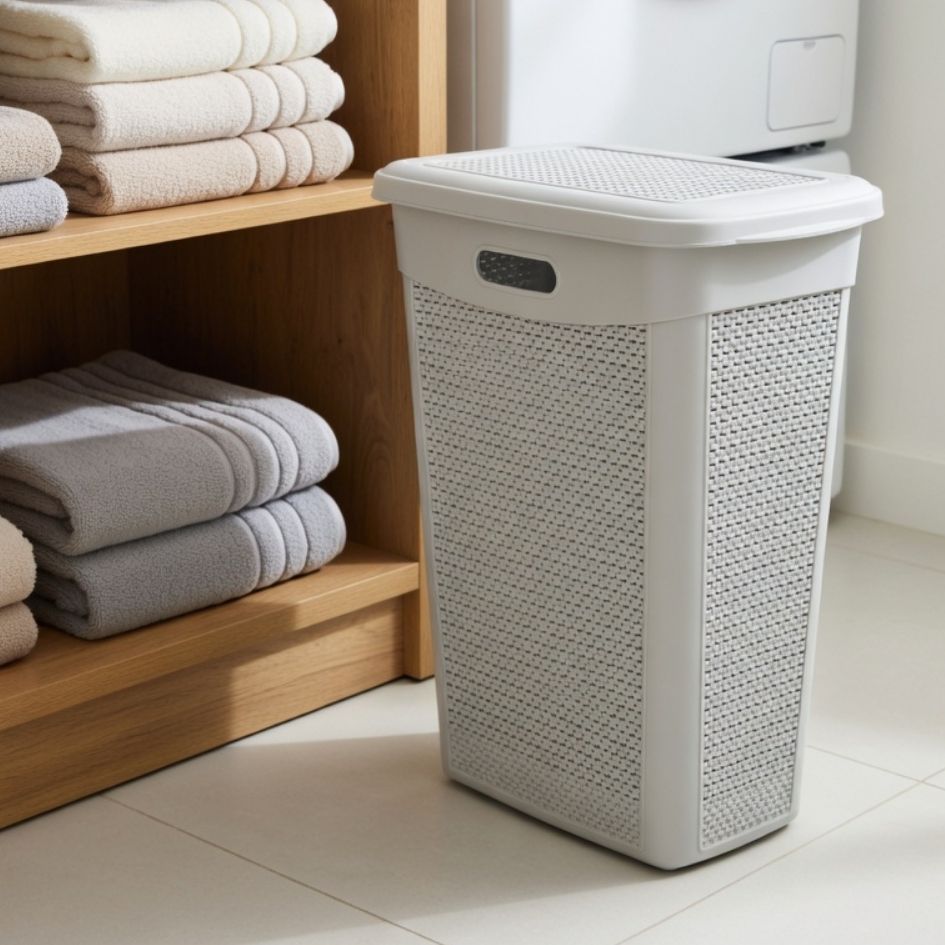 Cesto de roupa suja branco ao lado de prateleira de madeira com toalhas dobradas.