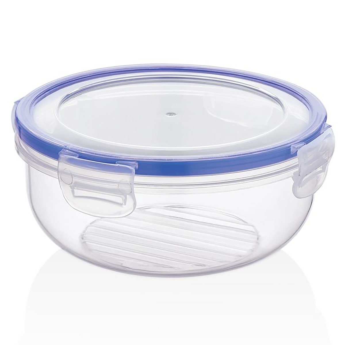 Recipiente de plástico redondo com tampa azul e fechos laterais
