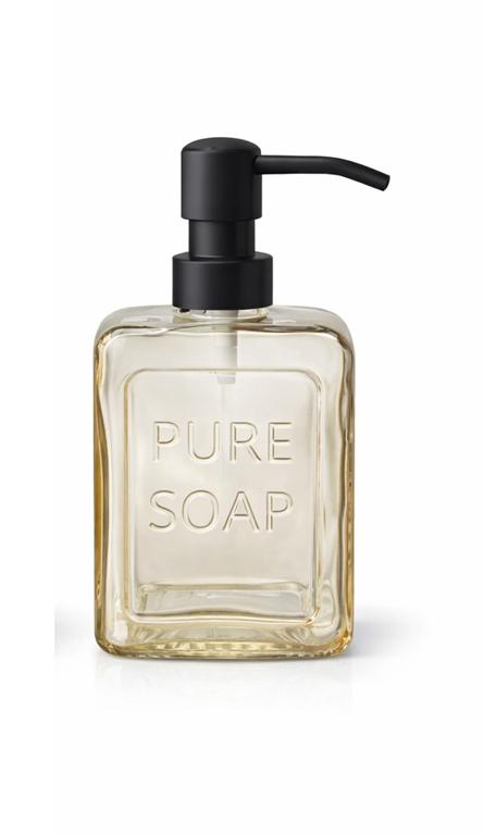 Dispenser de sabonete líquido transparente com tampa preta e texto PURE SOAP