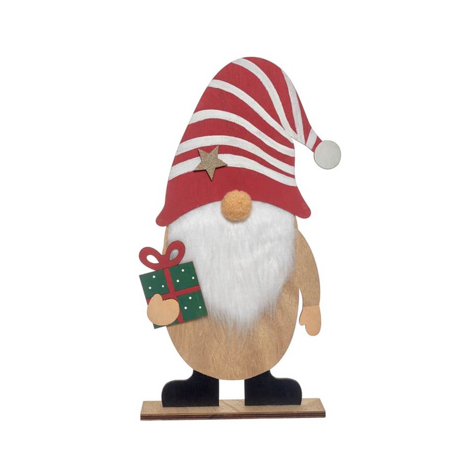 Figura decorativa de gnomo de Natal em madeira com chapéu riscado vermelho e branco e presente