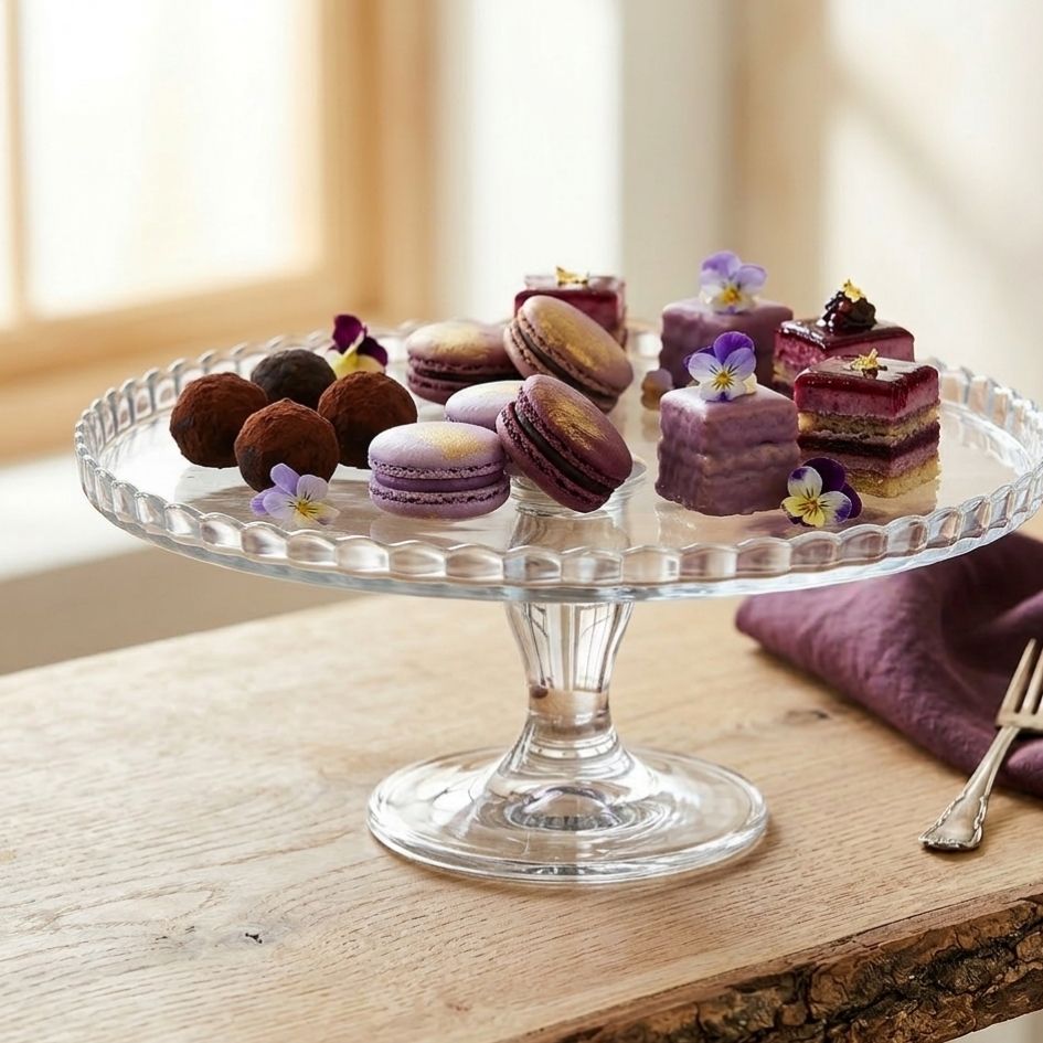 Suporte de bolo com variados doces lilás decorados com flores comestíveis