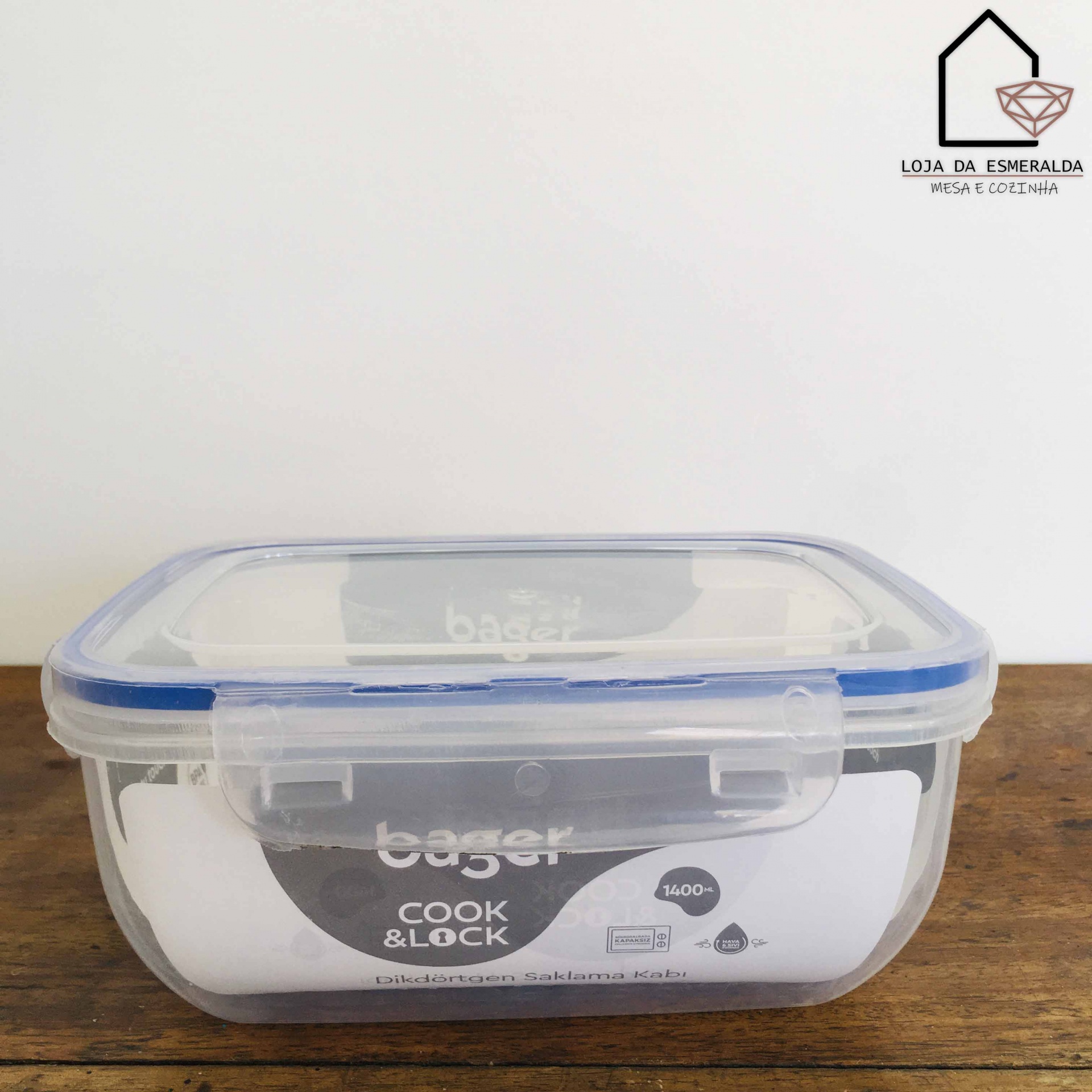 Recipiente alimentar plástico transparente com tampa azul