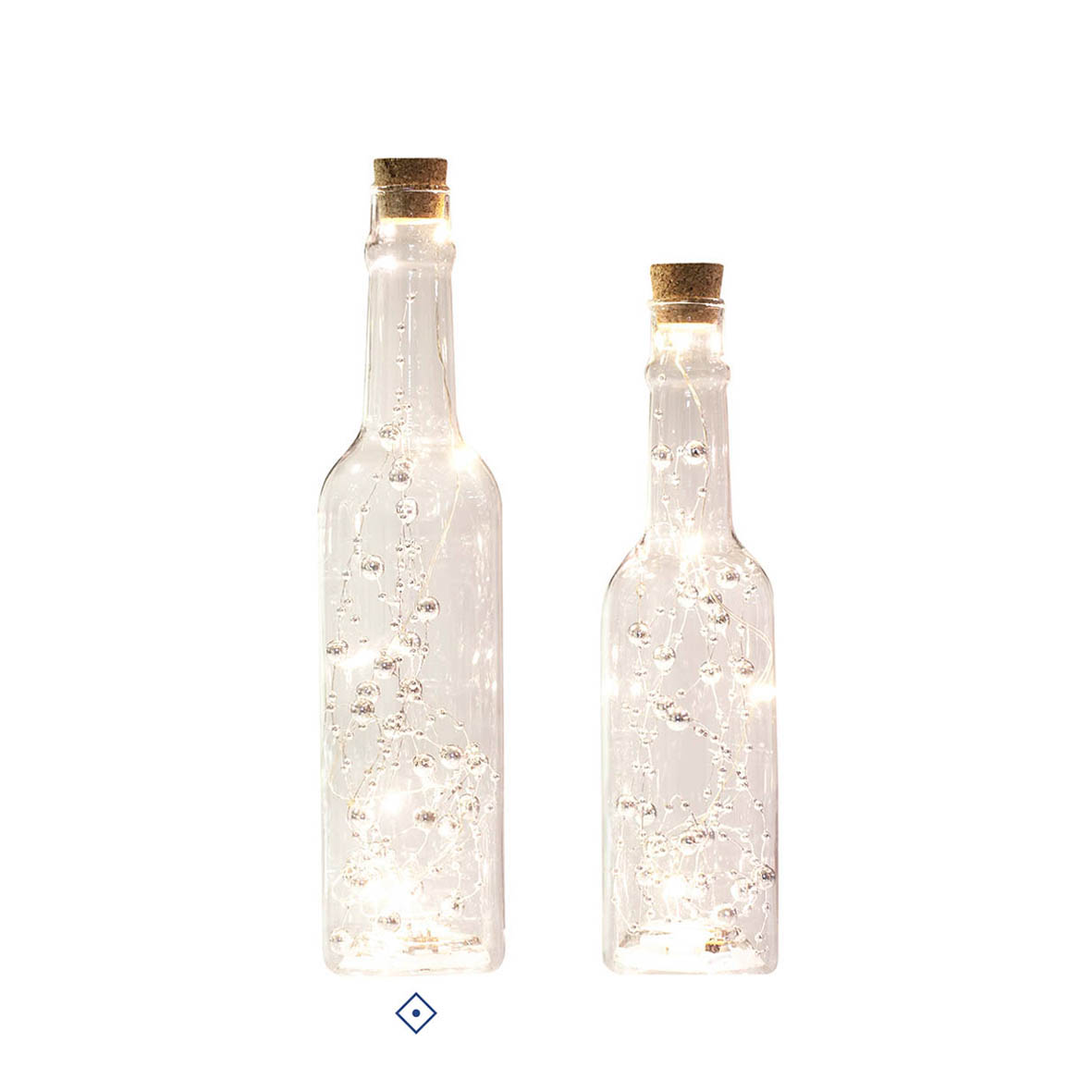 Duas garrafas de vidro com luzes LED interiores e rolhas de cortiça