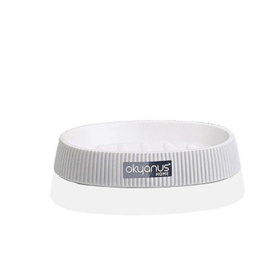 Comedouro para animais branco e cinza com etiqueta OKYANUS HOME