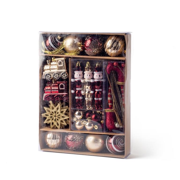 Conjunto de enfeites de Natal variados em caixa transparente