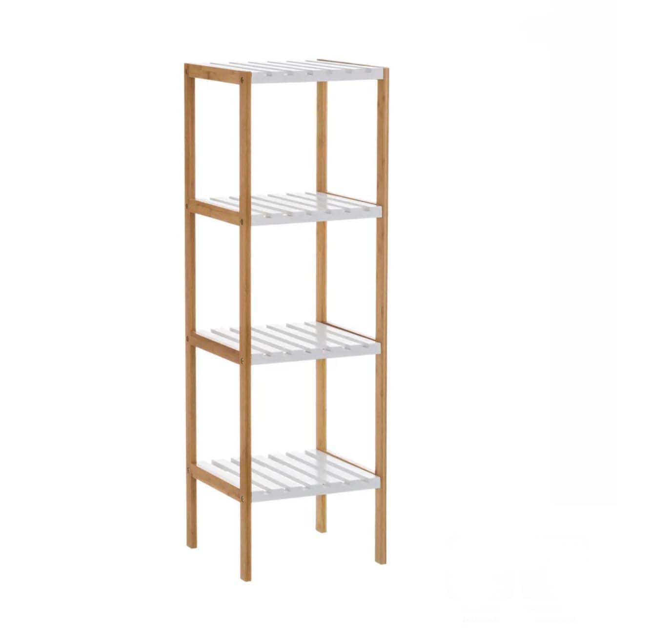 Estante de madeira clara com quatro prateleiras brancas de ripas