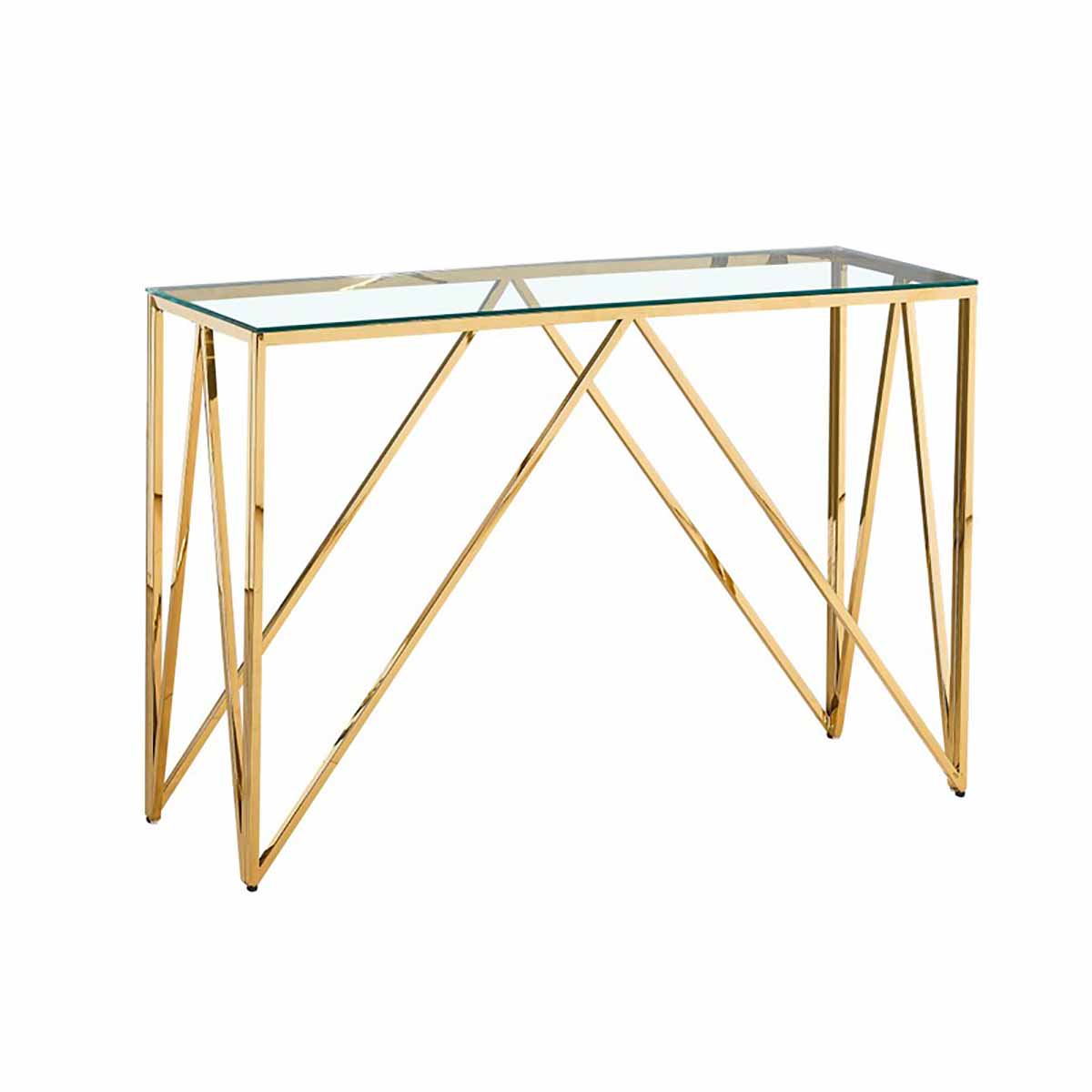 Mesa de apoio com estrutura dourada e tampo de vidro