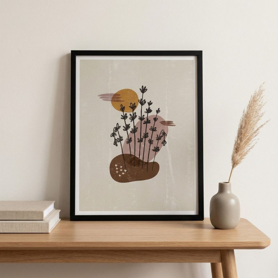 Quadro em moldura preta com ilustração minimalista de plantas e formas abstratas sobre mesa de madeira com livros e vaso.