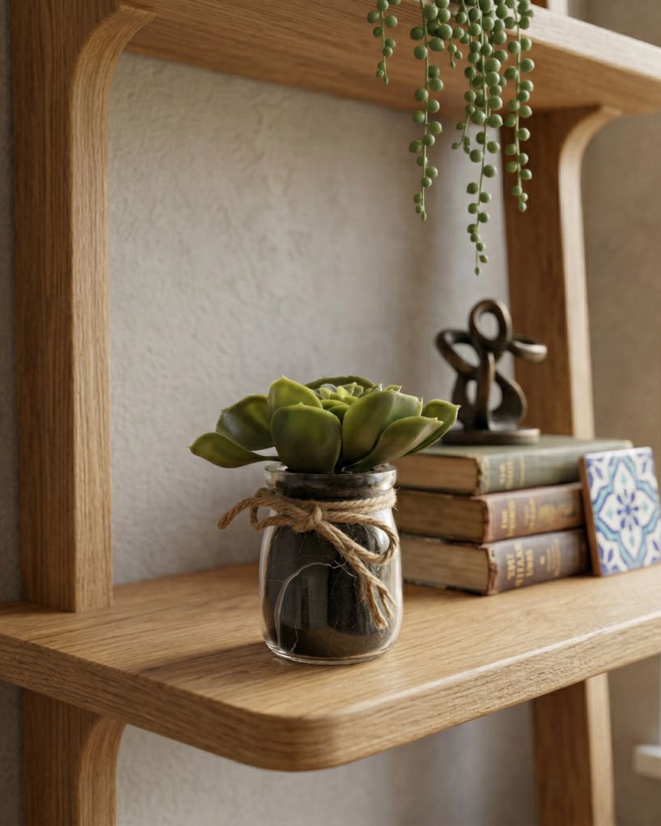 Vaso de vidro com suculenta em prateleira de madeira com livros e azulejo