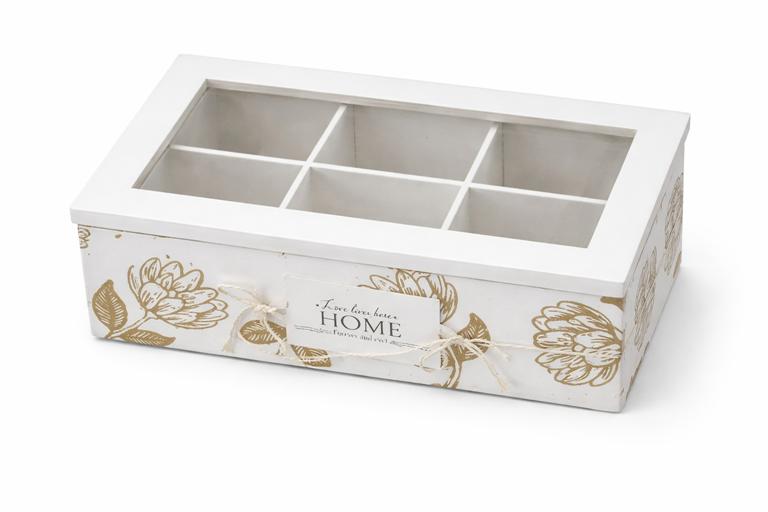 Caixa de madeira branca com tampa de vidro e seis compartimentos decorada com flores douradas