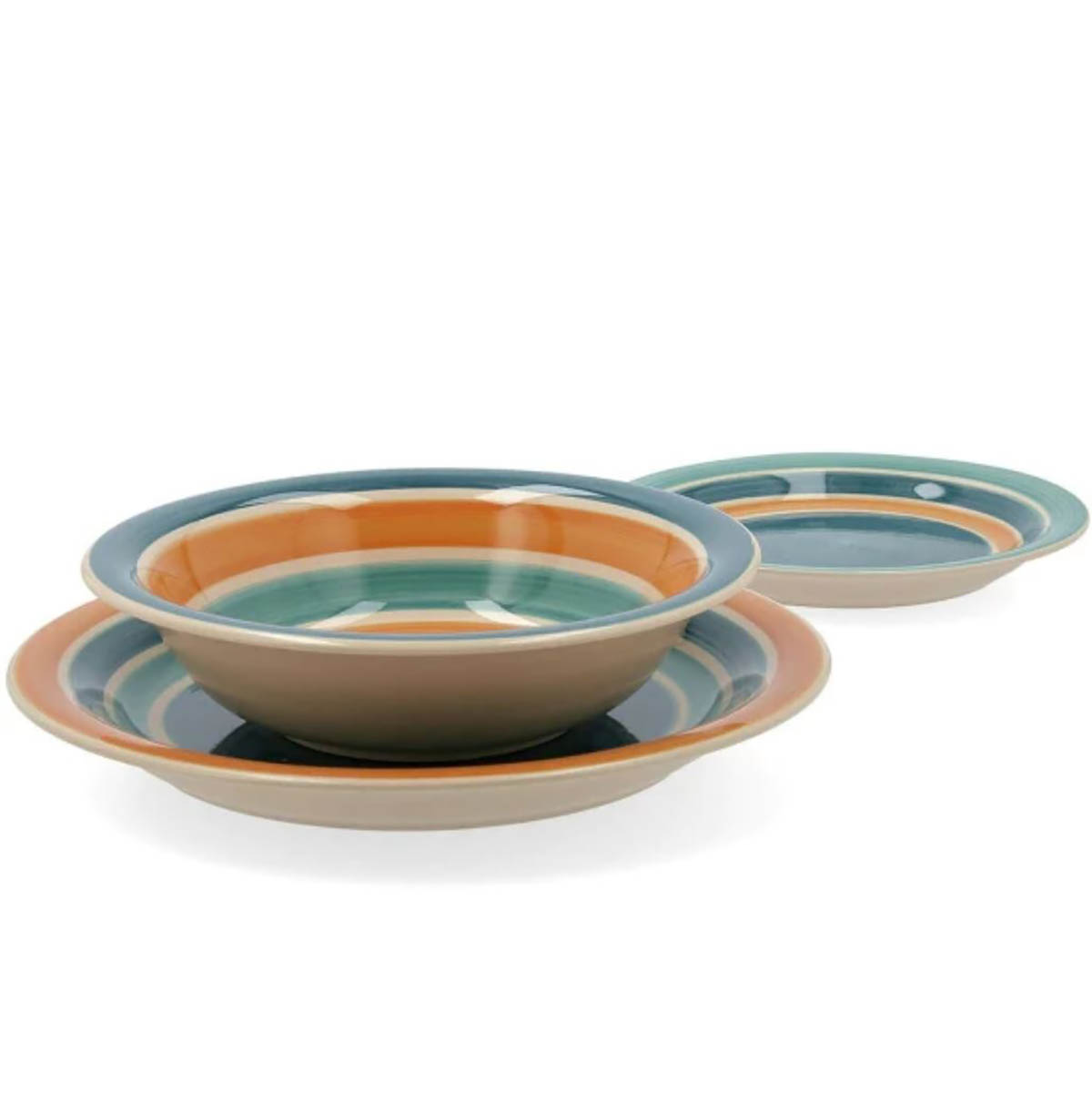 Conjunto de loiça de cerâmica com faixas azuis, verdes e laranja