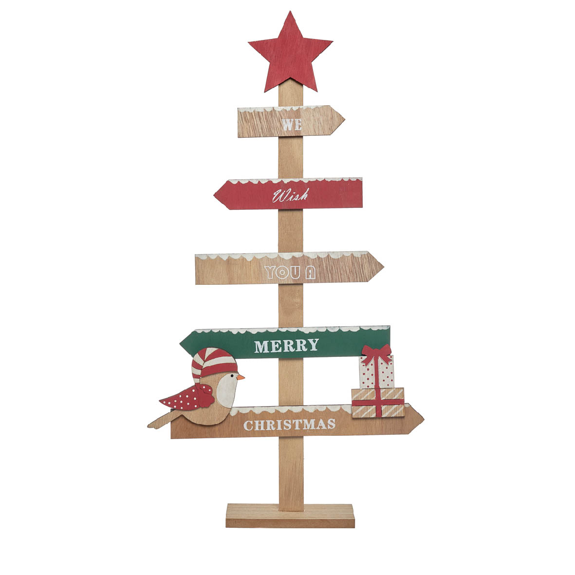 Árvore decorativa de Natal de madeira com palavras festivas e elementos coloridos