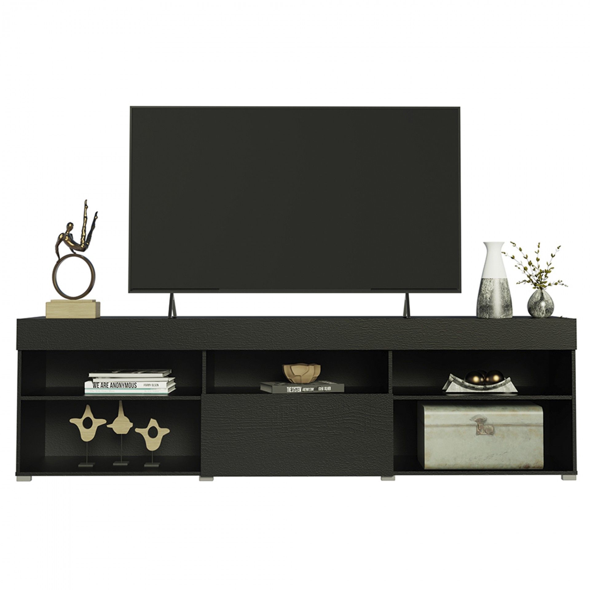 Móvel TV preto com várias prateleiras e objetos decorativos