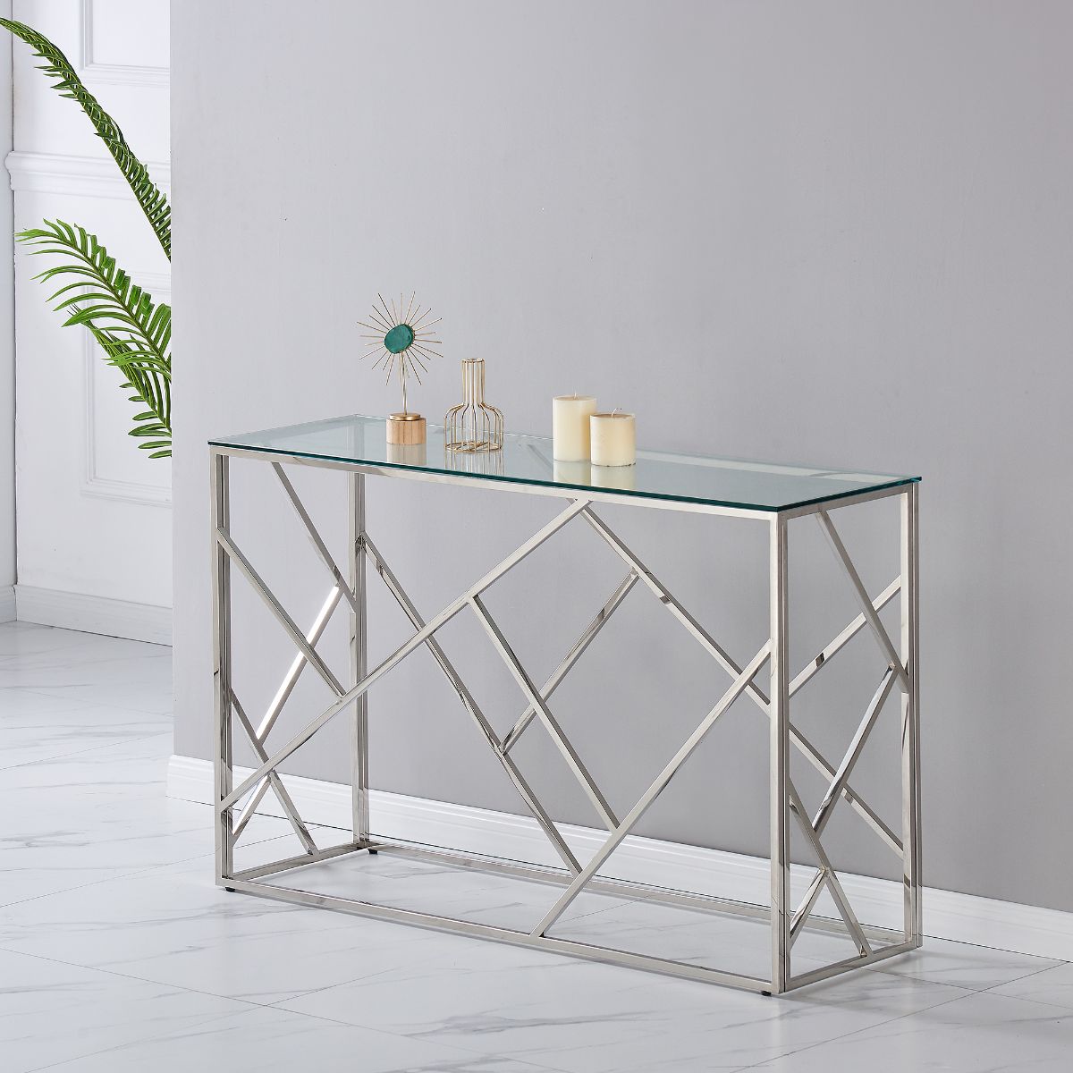 Mesa de apoio em vidro e metal com padrão geométrico