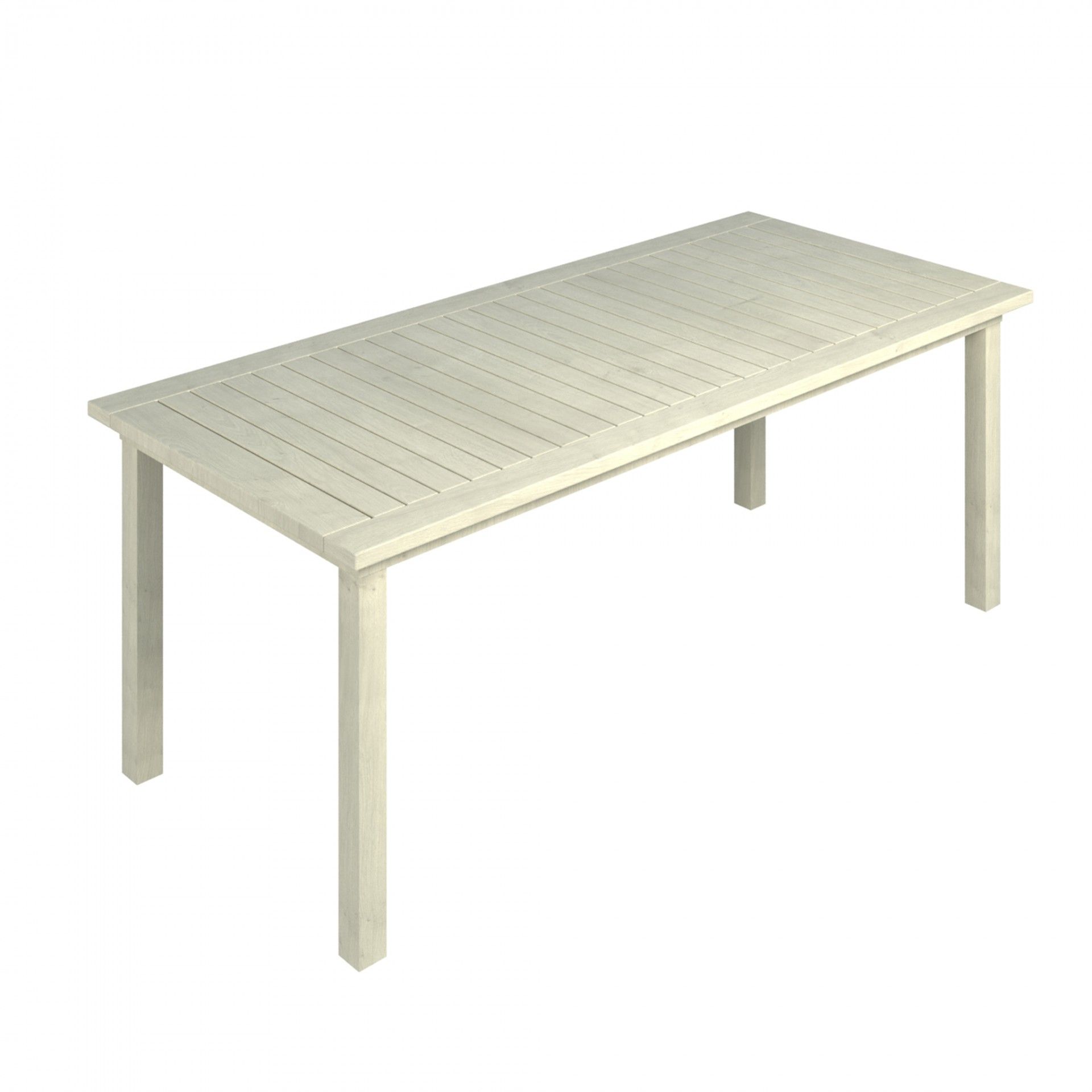 Mesa retangular branca de madeira com tampo de ripas e quatro pernas