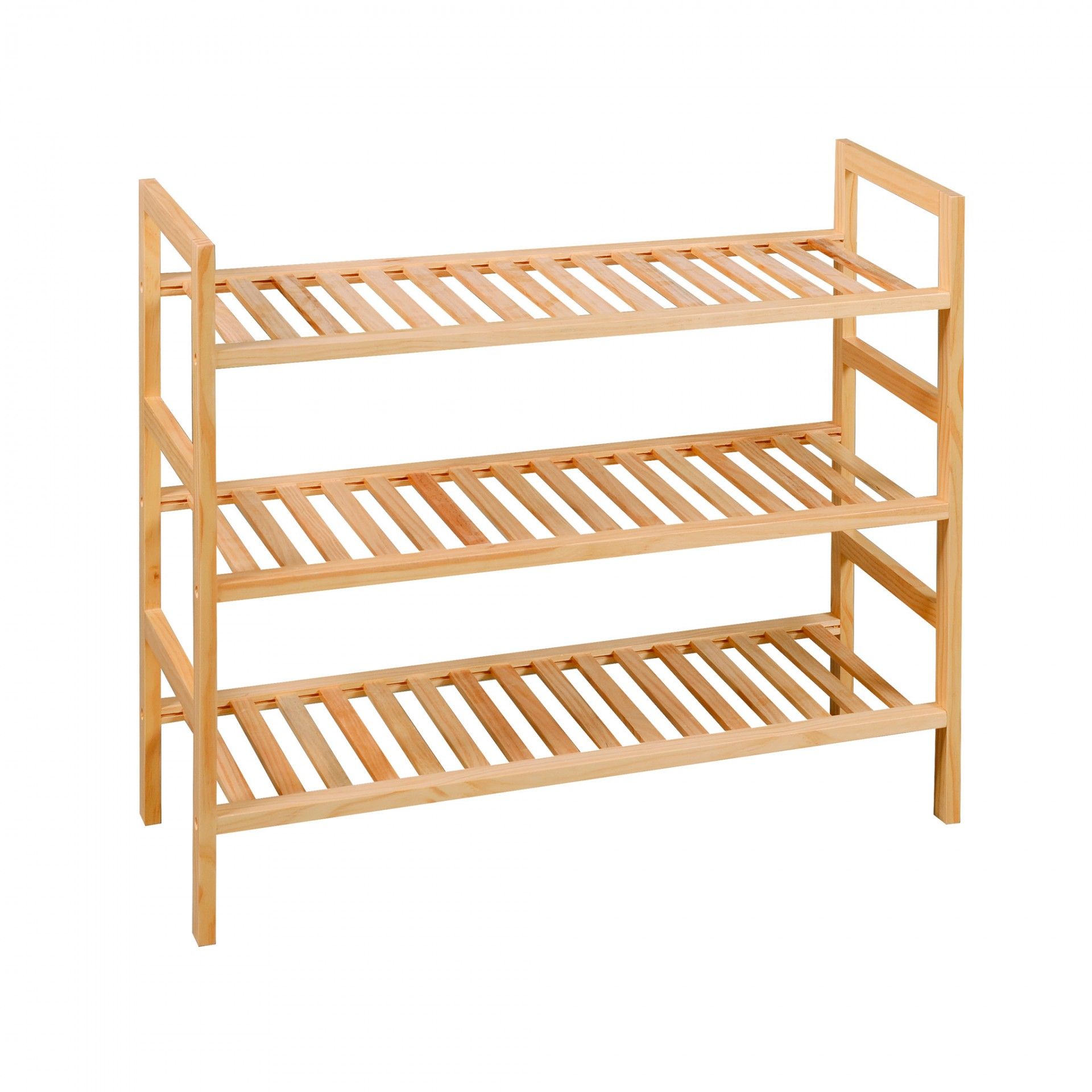 Estante de três prateleiras em madeira clara com ripas horizontais