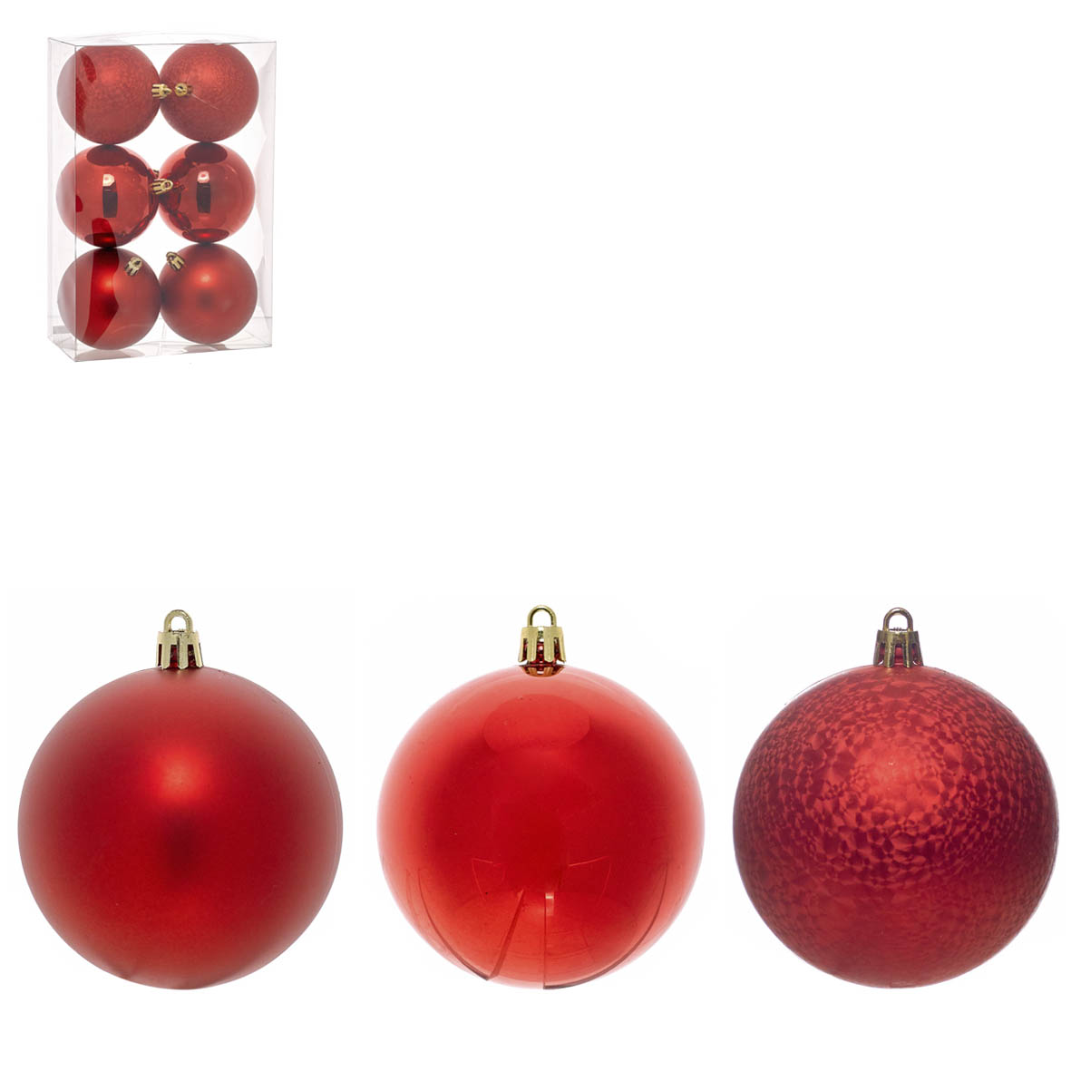 Seis bolas de Natal vermelhas com diferentes texturas em fundo branco