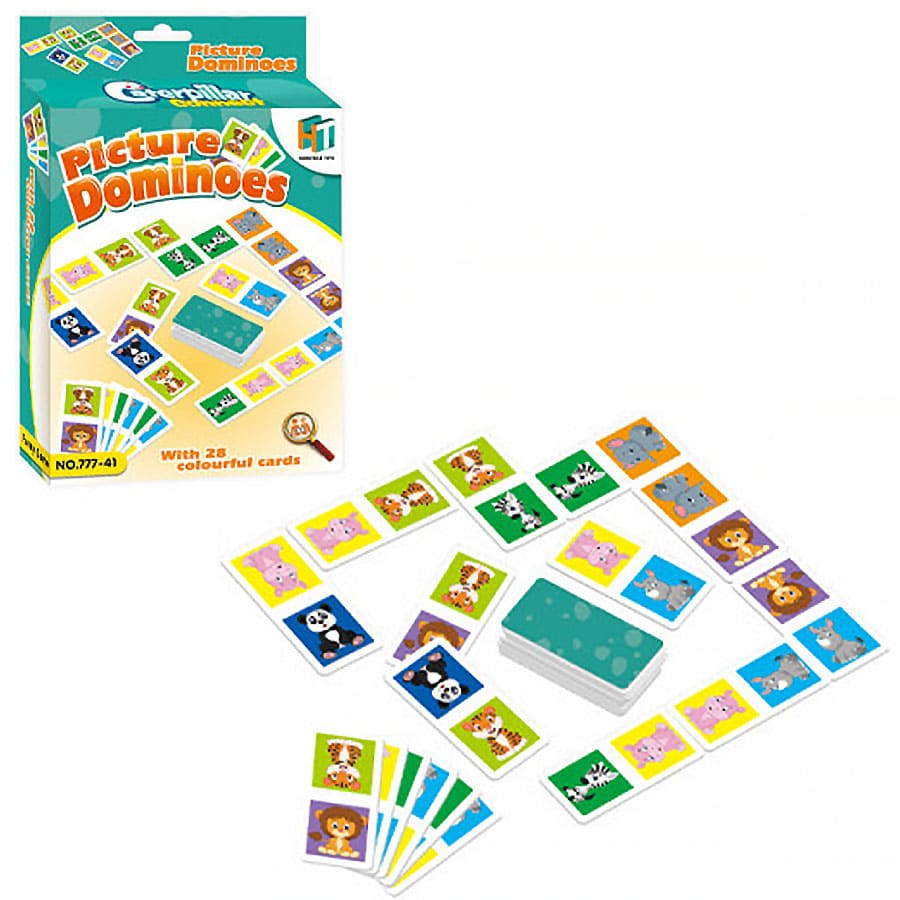 Jogo de dominó com cartas coloridas e imagens de animais, caixa verde