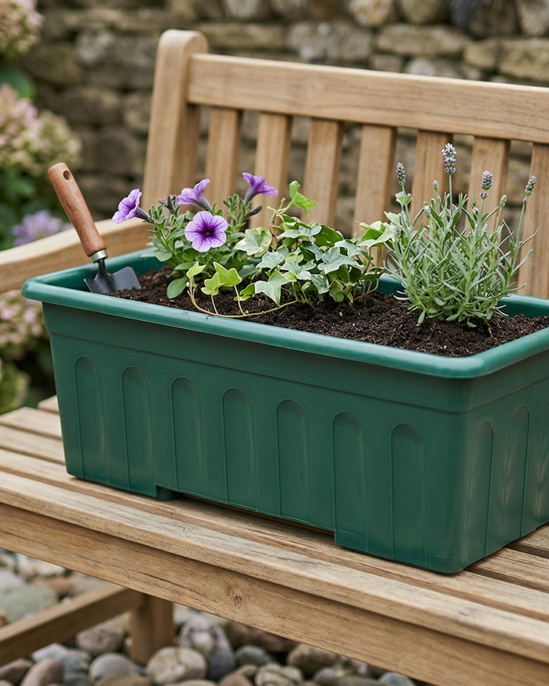 Vaso verde com flores e ferramenta de jardim sobre banco de madeira