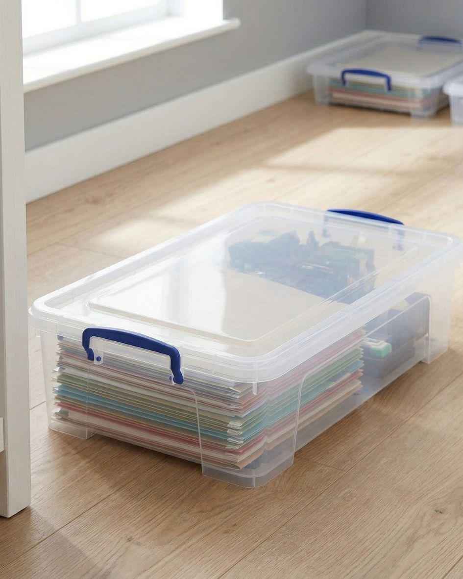 Caixa de arrumação transparente com tampa azul e ficheiros coloridos dentro no chão de madeira