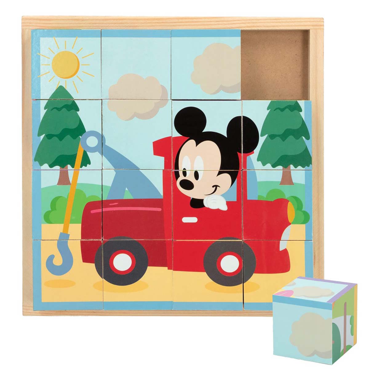 Puzzle de bloco de madeira com desenho de Mickey Mouse num carro vermelho e cenário natural
