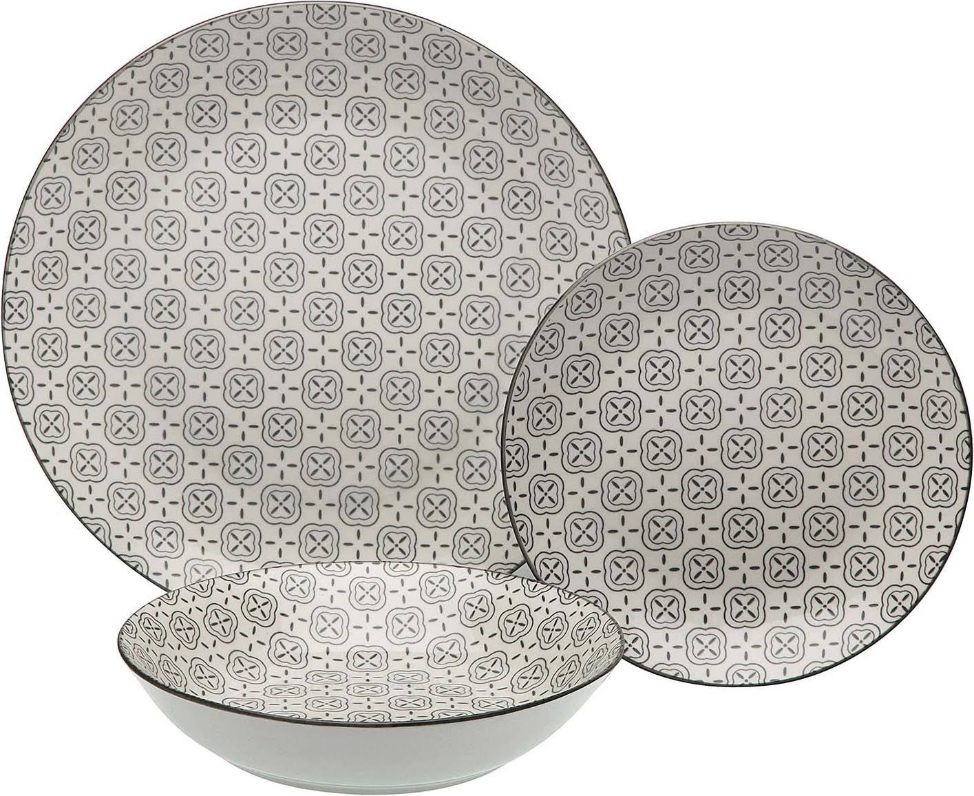 Conjunto de louça com padrão geométrico cinzento e bege