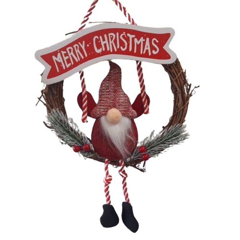 Guirlanda de Natal com gnomo e placa 'MERRY CHRISTMAS'