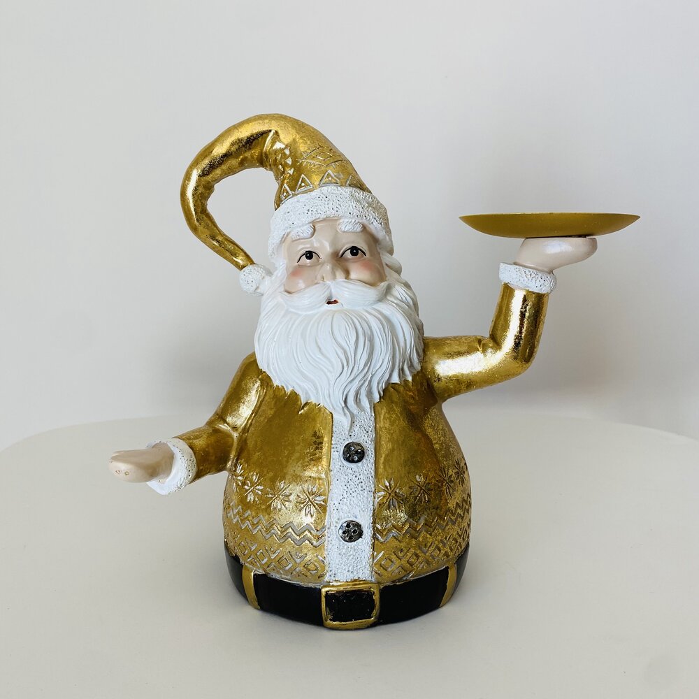 Figura de Pai Natal dourado com prato na mão