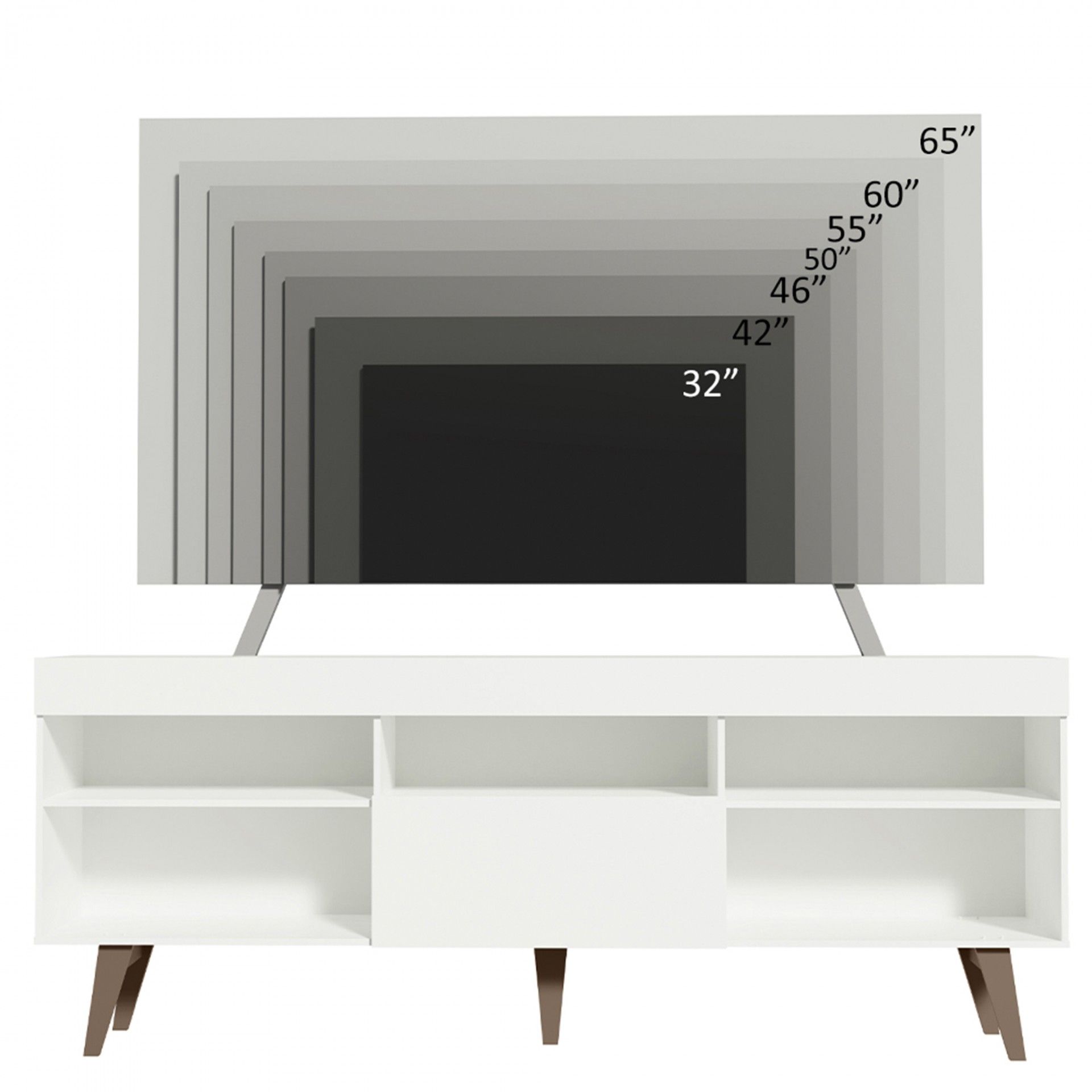 Televisão com várias dimensões sobre móvel branco com pernas em madeira castanha