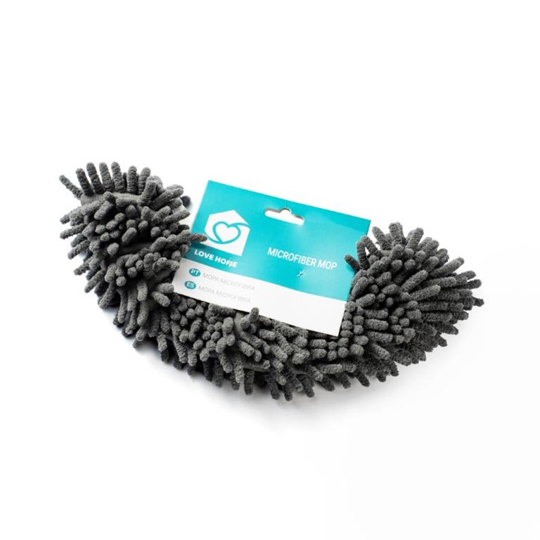 Esfregona de microfibra cinzenta com etiqueta azul e branca