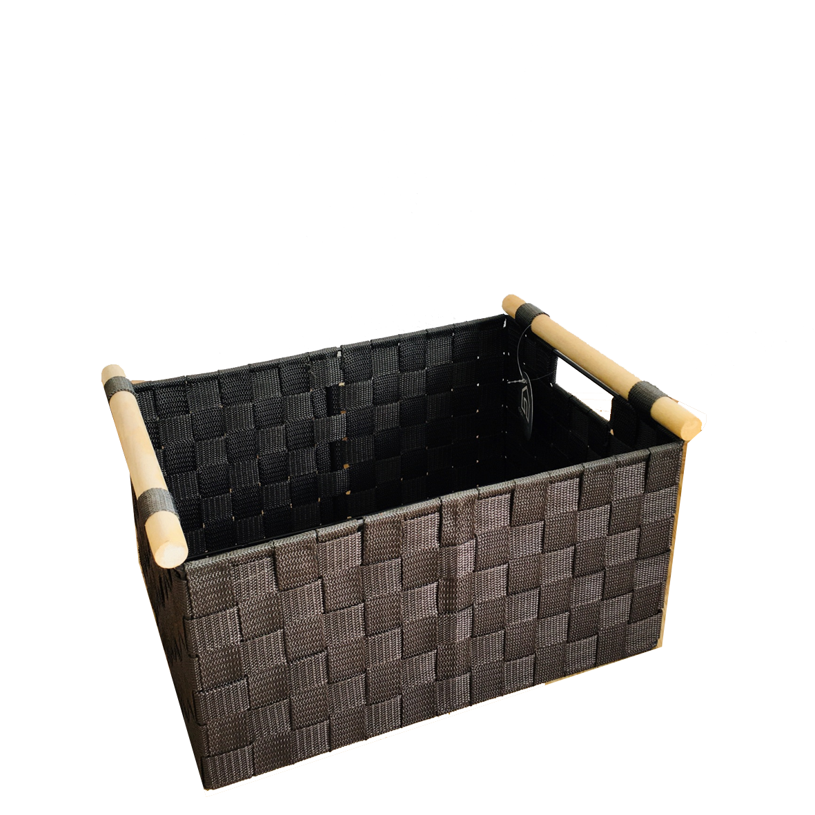 Caixa retangular de armazenamento castanho escuro com pegas de madeira