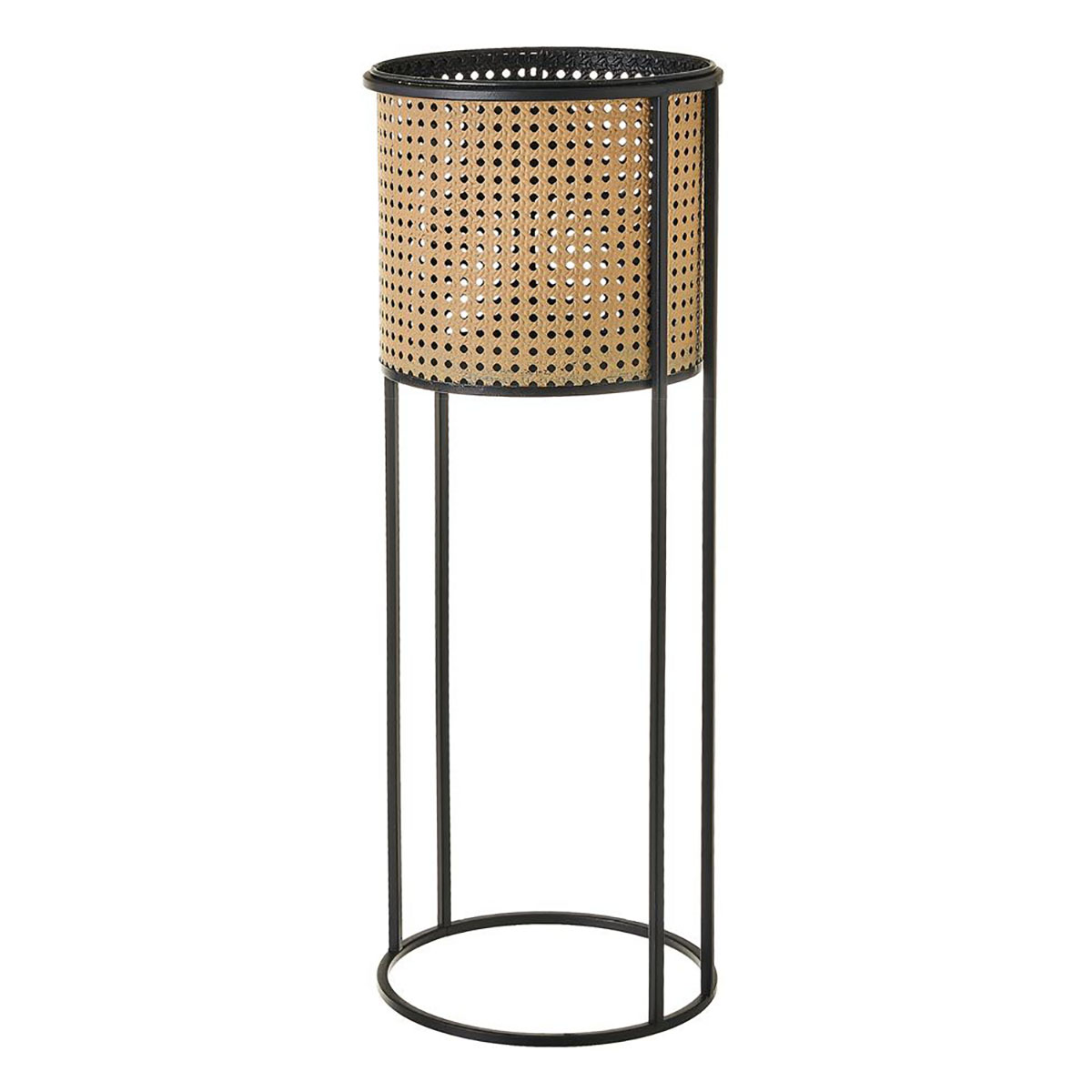 Suporte para plantas metálico preto com vaso em bambu entrelaçado circular