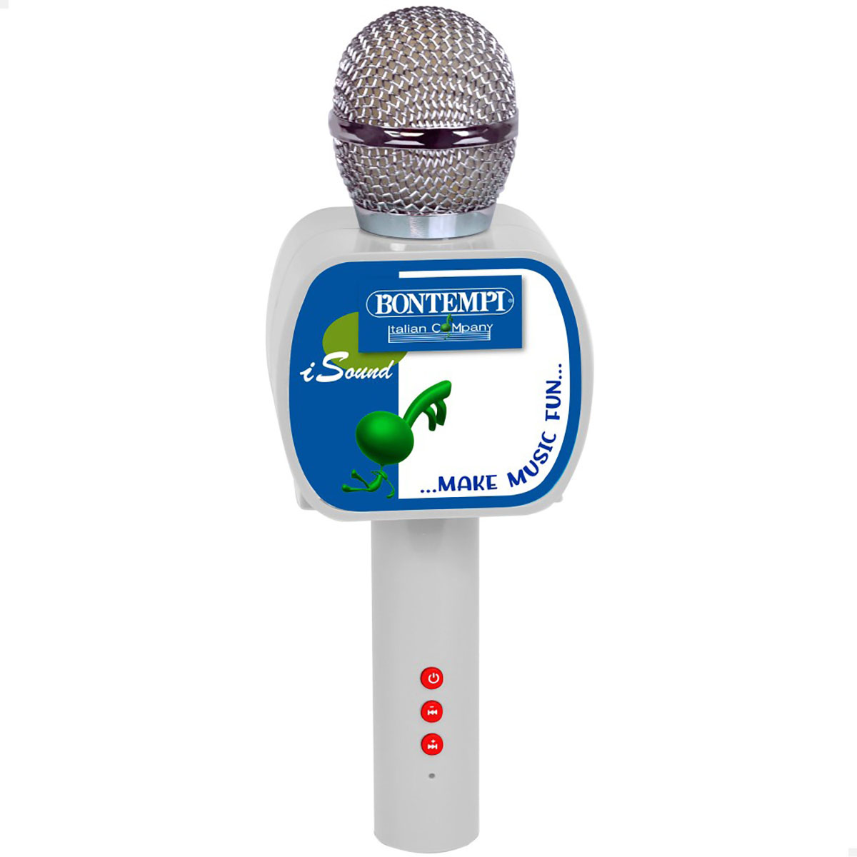 Microfone branco com painel azul e logótipo BONTEMPI