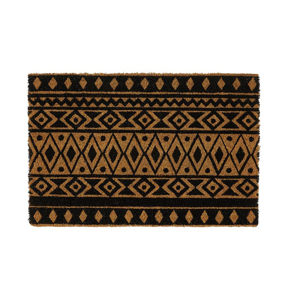 Tapete capacho rectangular com padrão geométrico castanho e preto