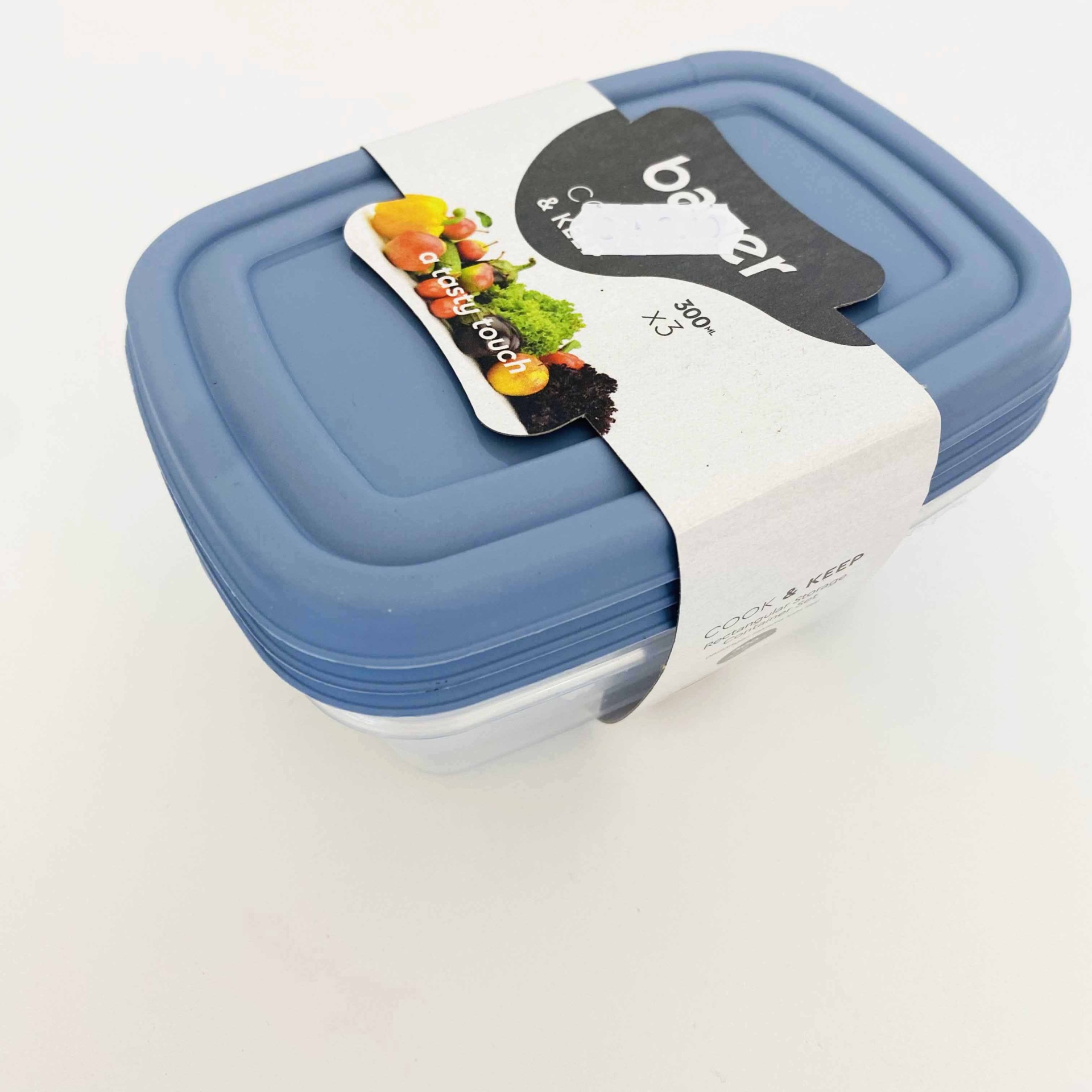 Pote retangular para alimentos com tampa azul e faixa de papel com texto