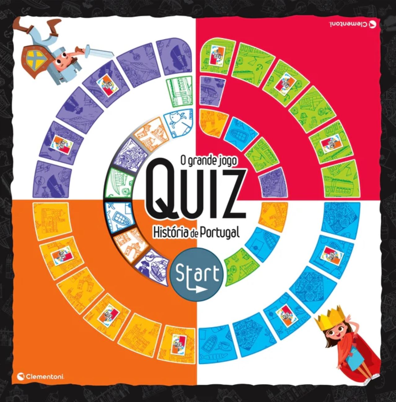 Tabuleiro colorido do jogo quiz com temática da história de Portugal e personagem de cavaleiro e rainha.